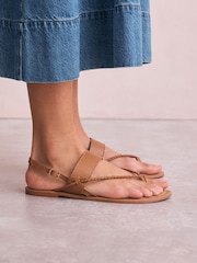Tan Brown Leather Standard/Wide Fit Forever Comfort® Plaited Toe Tong Sandals - Image 1 of 9