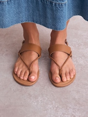 Tan Brown Leather Standard/Wide Fit Forever Comfort® Plaited Toe Tong Sandals - Image 2 of 9