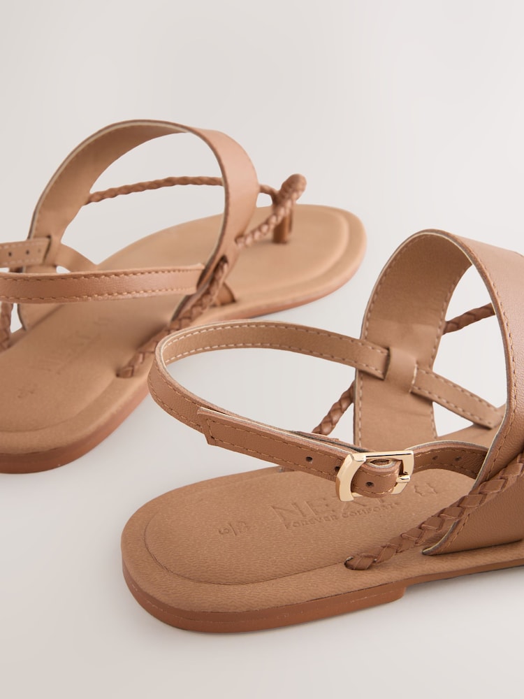 Tan Brown Leather Standard/Wide Fit Forever Comfort® Plaited Toe Tong Sandals - Image 9 of 9