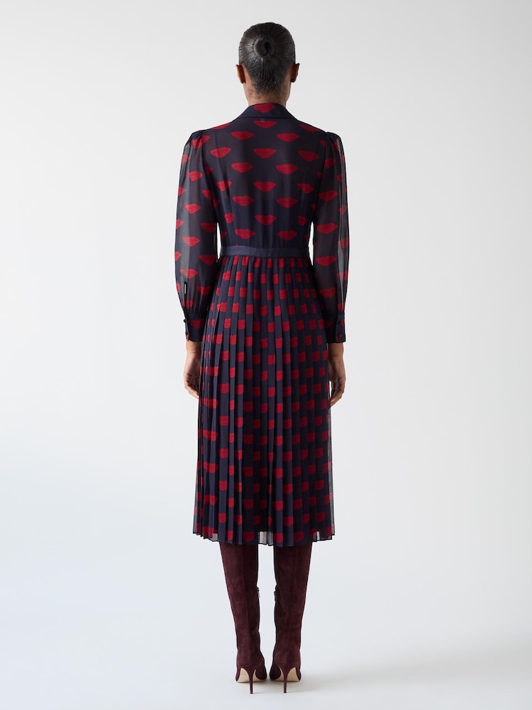 LK Bennett Blue Tallis Lips Print Pleated Ggt Dress - Image 2 of 4