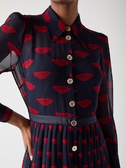 LK Bennett Blue Tallis Lips Print Pleated Ggt Dress - Image 4 of 4