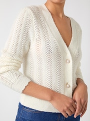 LK Bennett Cream Elodie Wool Blend Stitch Detail V-Neck Fluffy Cardigan - Image 1 of 4