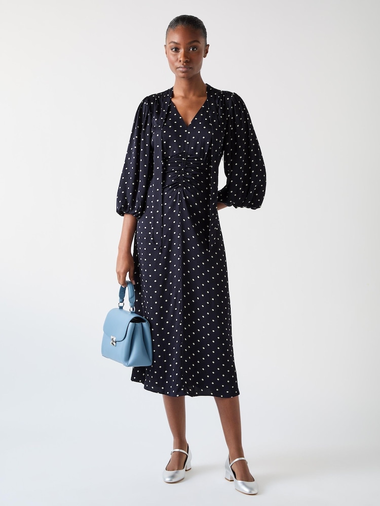 LK Bennett Blue Hester Viscose 40S Spot Tie Neck Gather Front Dress - Image 1 of 4