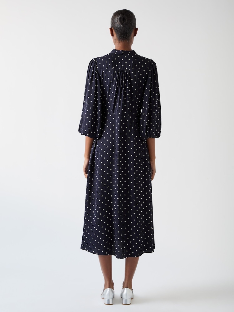 LK Bennett Blue Hester Viscose 40S Spot Tie Neck Gather Front Dress - Image 2 of 4