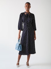 LK Bennett Blue Hester Viscose 40S Spot Tie Neck Gather Front Dress - Image 3 of 4