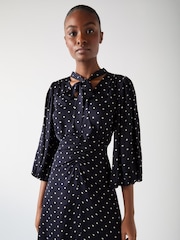 LK Bennett Blue Hester Viscose 40S Spot Tie Neck Gather Front Dress - Image 4 of 4