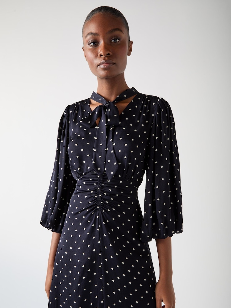 LK Bennett Blue Hester Viscose 40S Spot Tie Neck Gather Front Dress - Image 4 of 4