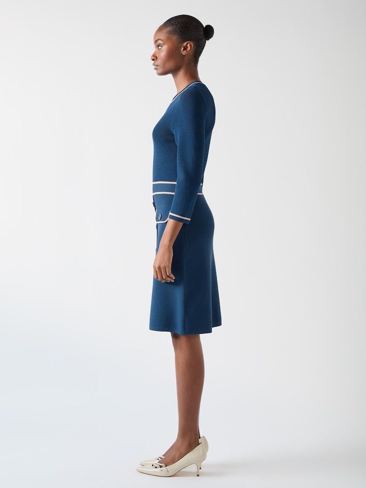 LK Bennett Blue & Navy Ciara Viscose Blend Button Through Knit Dress - Image 3 of 5