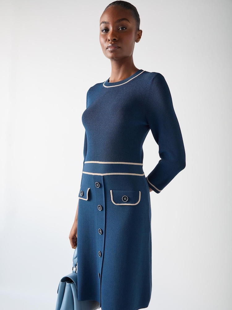 LK Bennett Blue & Navy Ciara Viscose Blend Button Through Knit Dress - Image 4 of 5
