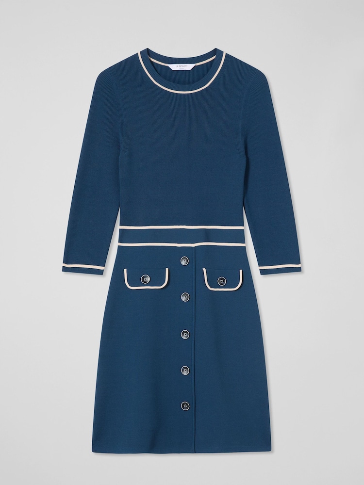 LK Bennett Blue & Navy Ciara Viscose Blend Button Through Knit Dress - Image 5 of 5