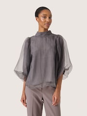 Soaked in Luxury Grey SLChaya Organza High Neck Blouse - Image 1 of 6