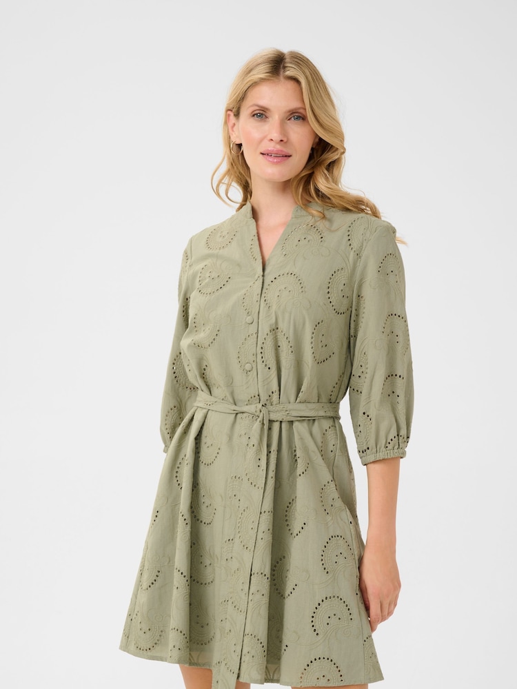 Cream Green CRDelia Tie Waist 100% Cotton Mini Dress - Image 1 of 6 Cream Green CRDelia Tie Waist 100% Cotton Mini Dress - Image 1 of 6