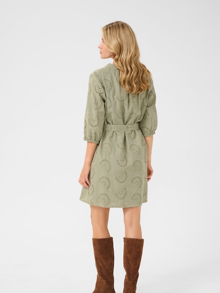 Cream Green CRDelia Tie Waist 100% Cotton Mini Dress - Image 2 of 6 Cream Green CRDelia Tie Waist 100% Cotton Mini Dress - Image 2 of 6