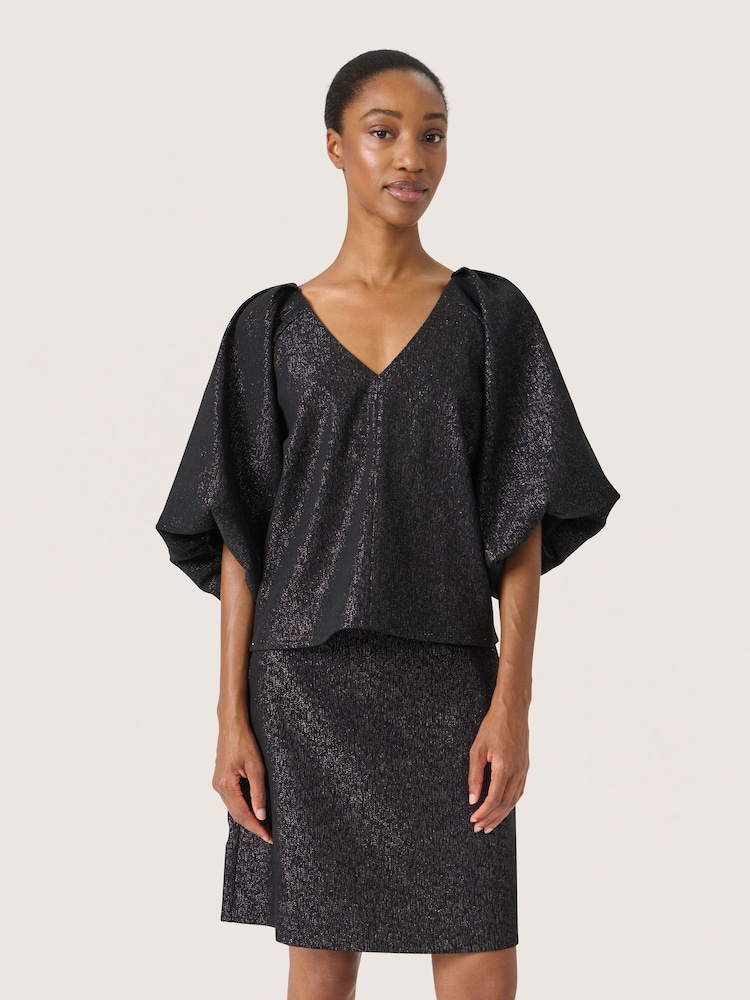 Soaked in Luxury SLCahlina V-Neck Balloon Sleeves Black Blouse - Image 1 of 4