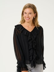 Cream Casual Fit CRSadia V-Neck Ruffles Black Blouse - Image 1 of 4