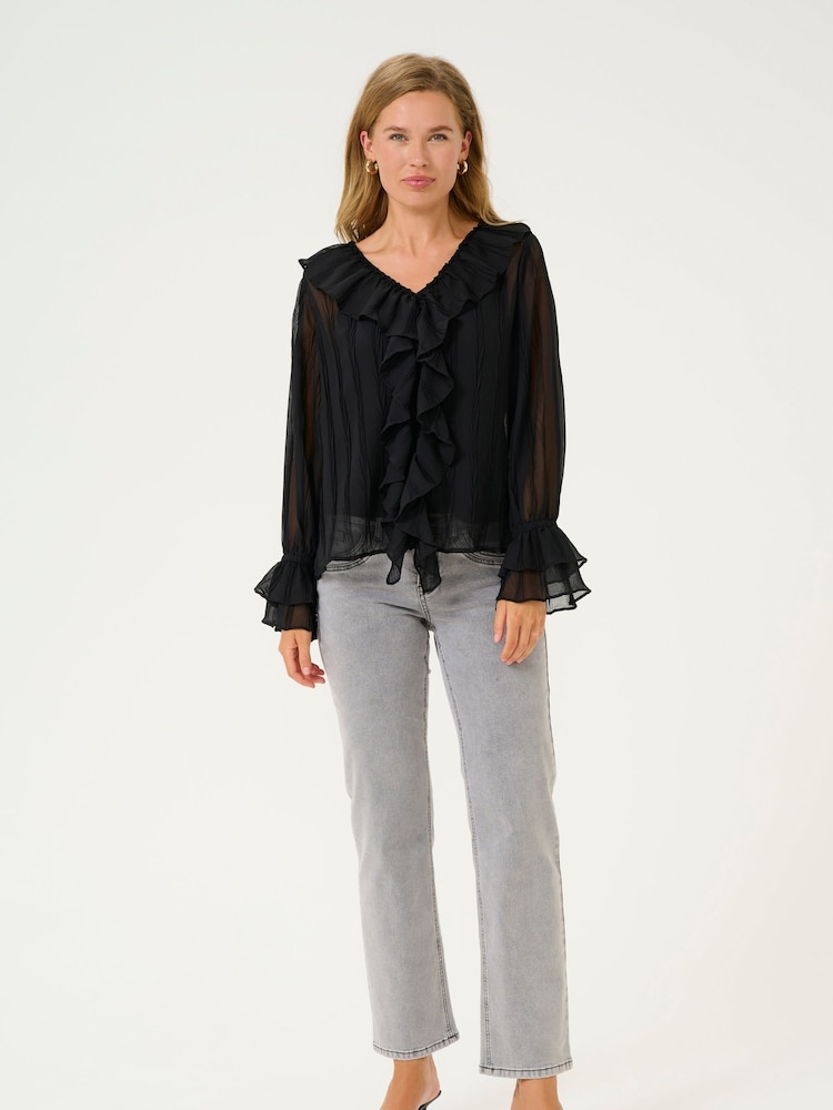 Cream Casual Fit CRSadia V-Neck Ruffles Black Blouse - Image 2 of 4