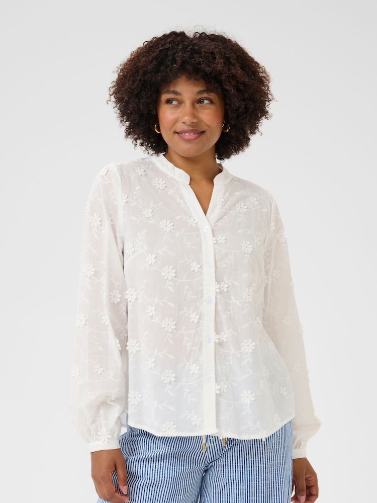 Cream CROlivia V-Neck Floral Design 100% Cotton White Shirt - Image 1 of 6