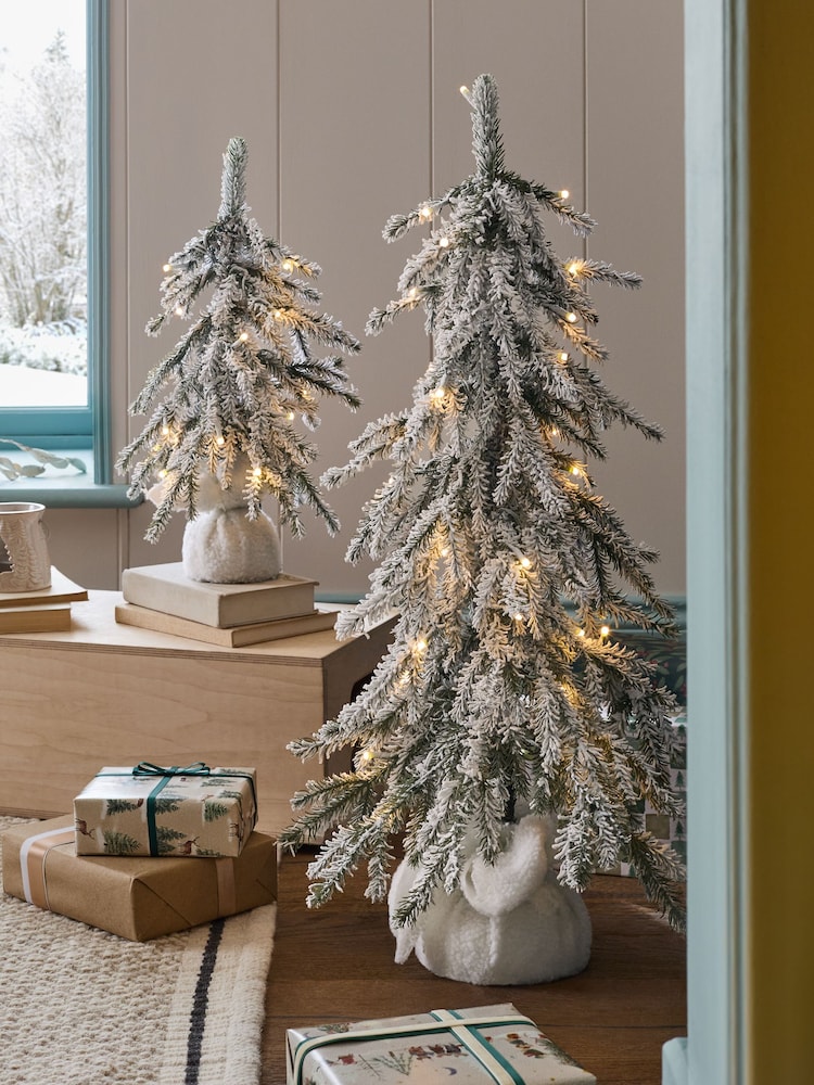 White Snowy Downswept Set of 2  Pre Lit Christmas Tree - Image 1 of 4