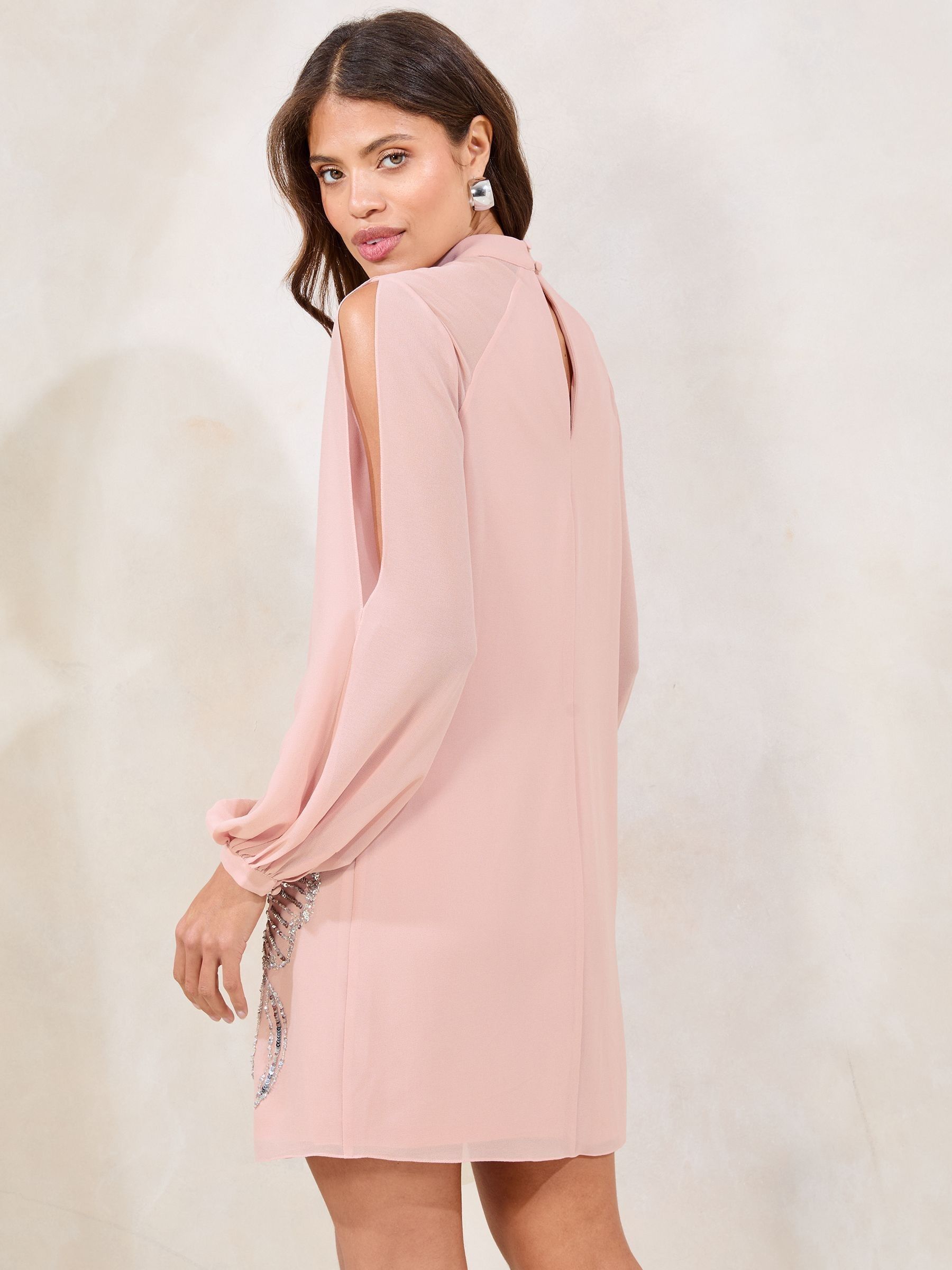 Pink Sequin Color Block Half Sleeve Shift Mini Dress