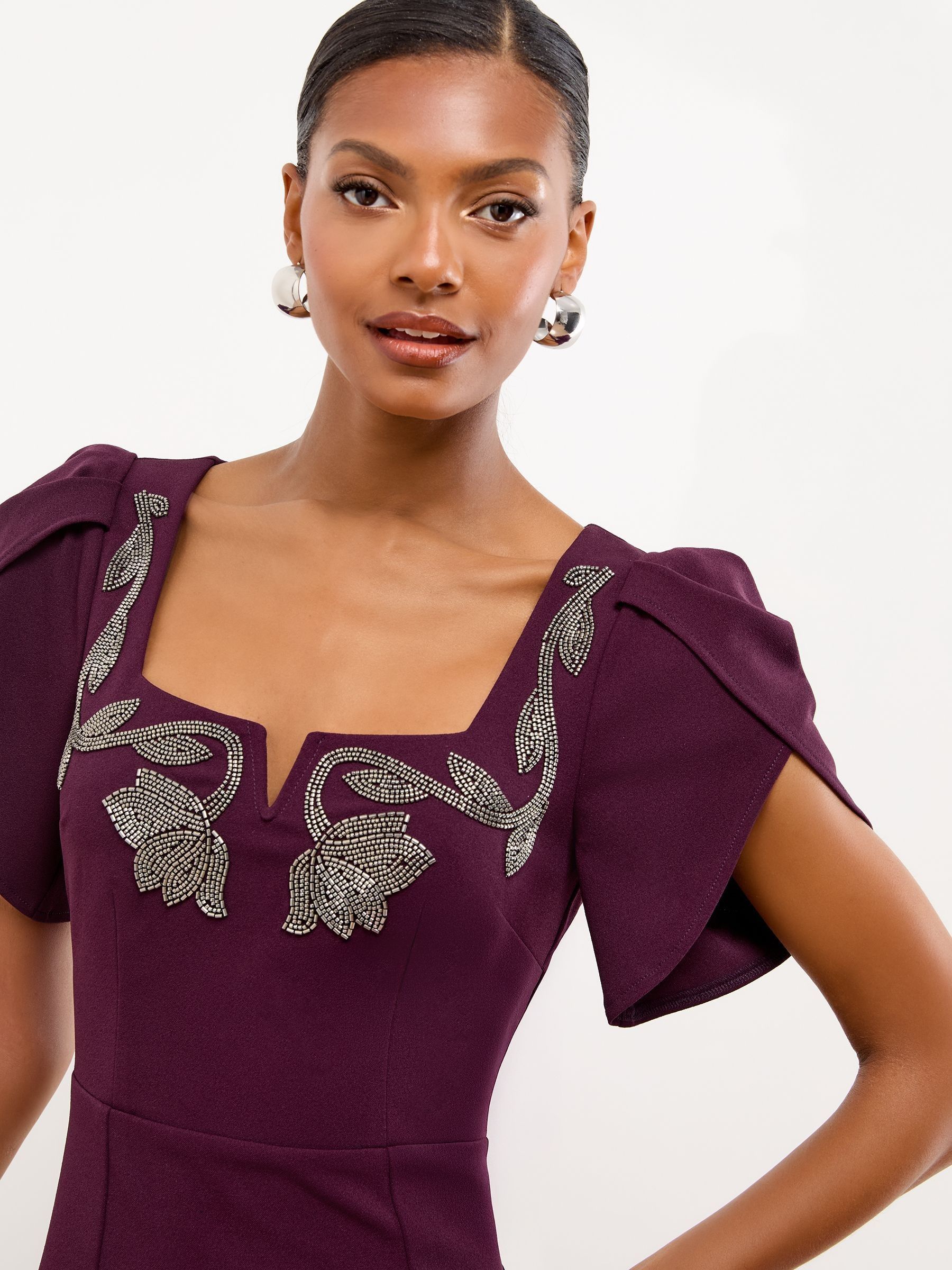 Buy Lipsy Dark Purple Puff Sleeve Embellished Appliqué Bodycon