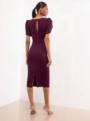 Lipsy Dark Purple Puff Sleeve Embellished Appliqué Bodycon Midi Dress - Image 1 of 4