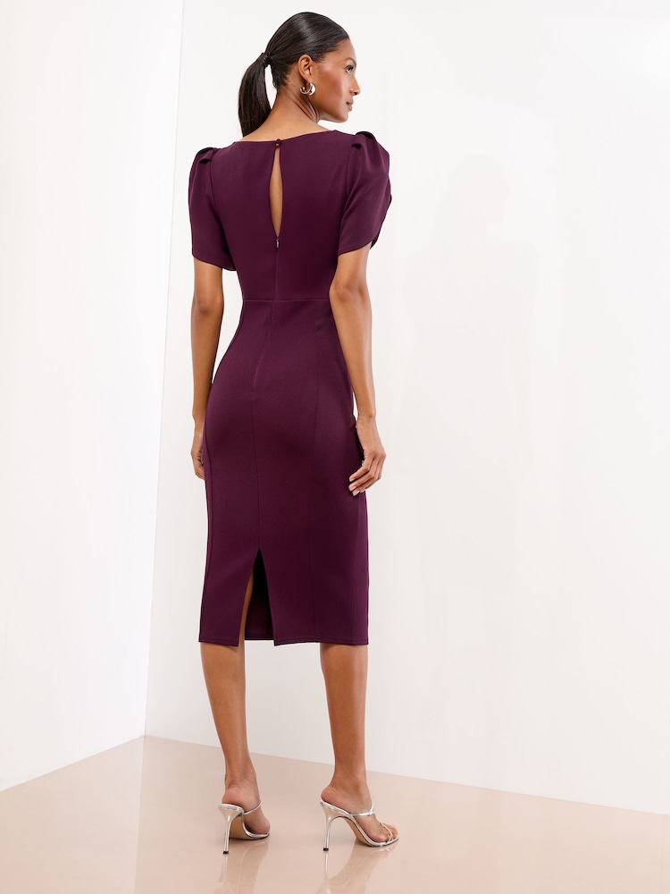 Lipsy Dark Purple Puff Sleeve Embellished Appliqué Bodycon Midi Dress - Image 1 of 4