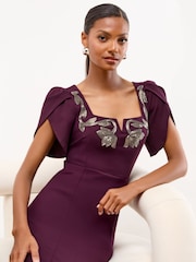 Lipsy Dark Purple Puff Sleeve Embellished Appliqué Bodycon Midi Dress - Image 2 of 4
