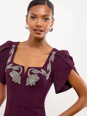 Lipsy Dark Purple Puff Sleeve Embellished Appliqué Bodycon Midi Dress - Image 3 of 4