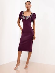 Lipsy Dark Purple Puff Sleeve Embellished Appliqué Bodycon Midi Dress - Image 4 of 4