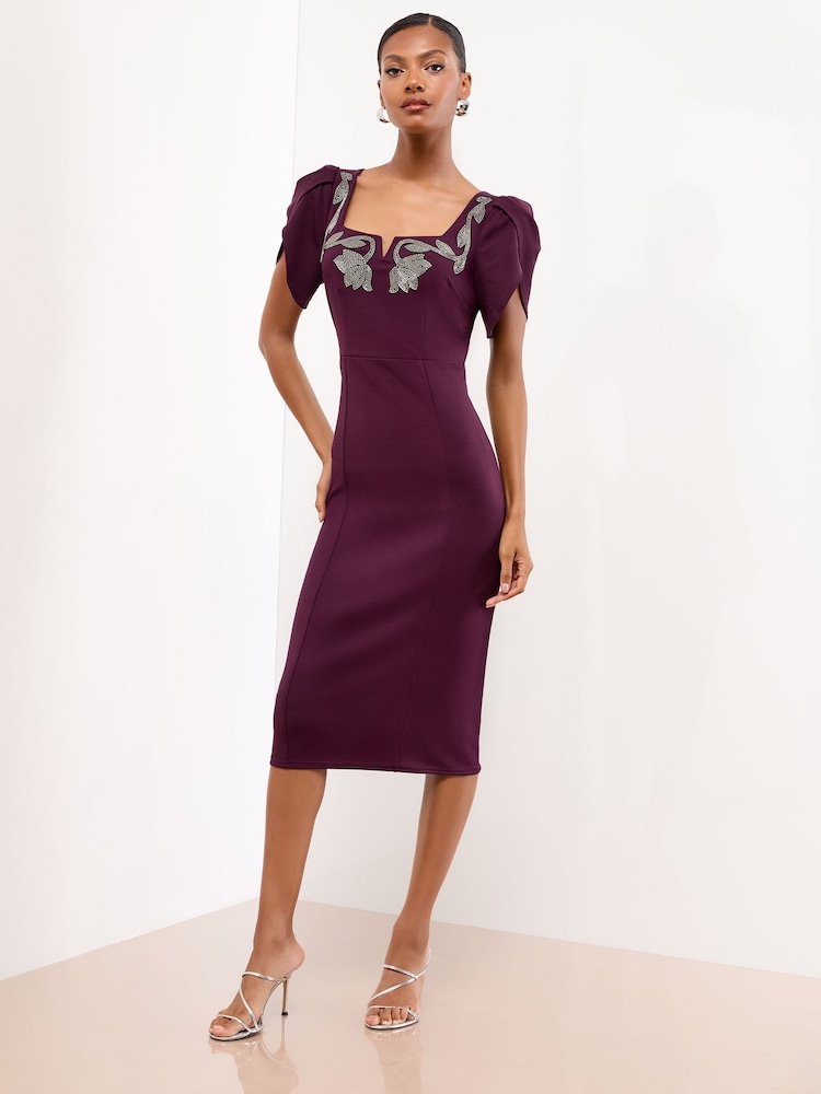 Lipsy Dark Purple Puff Sleeve Embellished Appliqué Bodycon Midi Dress - Image 4 of 4