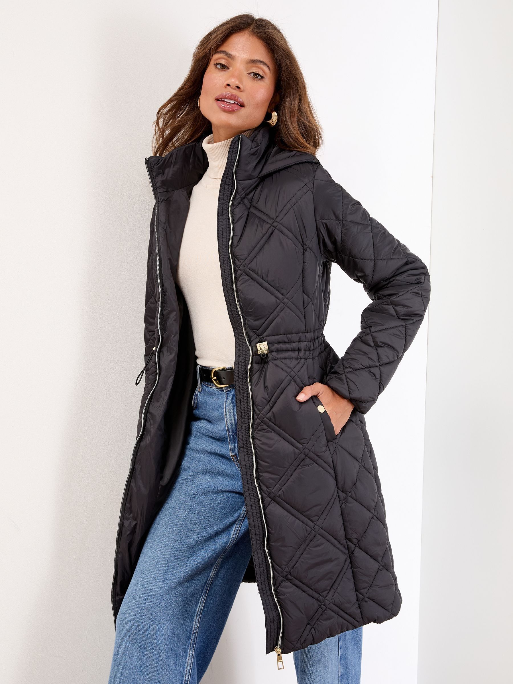 Buy Lipsy Black Petite Mid Length Shower Resistant Padded Coat