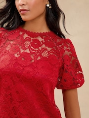 Lipsy Red Lace Short Sleeve Mini Shift Dress - Image 2 of 4