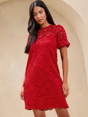 Lipsy Red Lace Short Sleeve Mini Shift Dress - Image 3 of 4