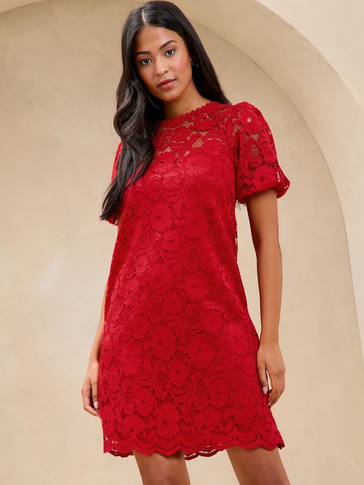 Lipsy Red Lace Short Sleeve Mini Shift Dress - Image 3 of 4