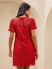 Lipsy Red Lace Short Sleeve Mini Shift Dress - Image 4 of 4