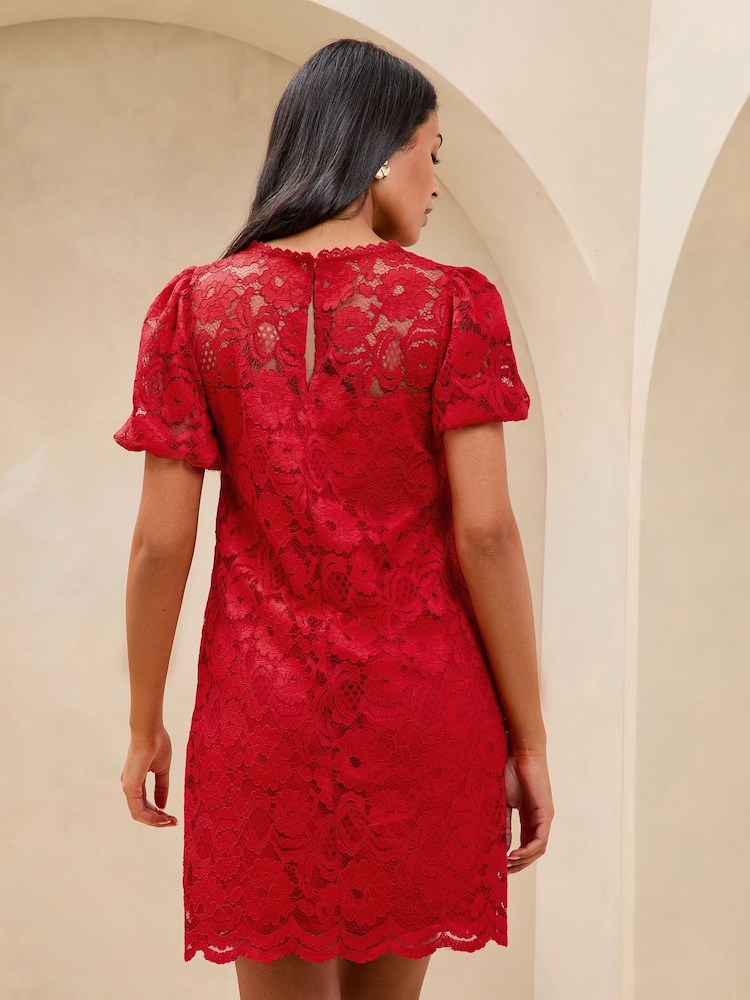 Lipsy Red Lace Short Sleeve Mini Shift Dress - Image 4 of 4