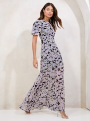 Purple Floral Puff Sleeve Chiffon Underbust Maxi Dress - Image 1 of 4
