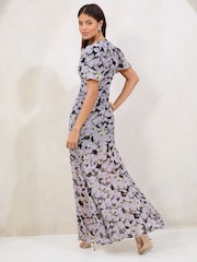 Purple Floral Puff Sleeve Chiffon Underbust Maxi Dress - Image 4 of 4