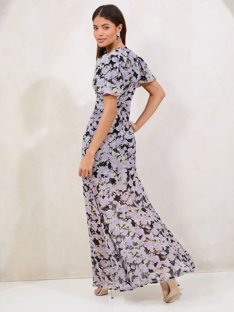 Purple Floral Puff Sleeve Chiffon Underbust Maxi Dress - Image 4 of 4