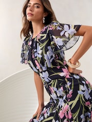 Lipsy Navy Floral Short Sleeve Gathered Waist Underbust Midi Dress - Image 1 of 4