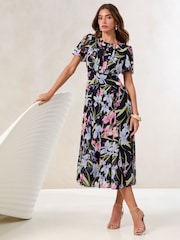Lipsy Navy Floral Short Sleeve Gathered Waist Underbust Midi Dress - Image 2 of 4