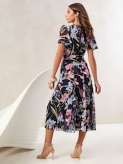 Lipsy Navy Floral Short Sleeve Gathered Waist Underbust Midi Dress - Image 4 of 4