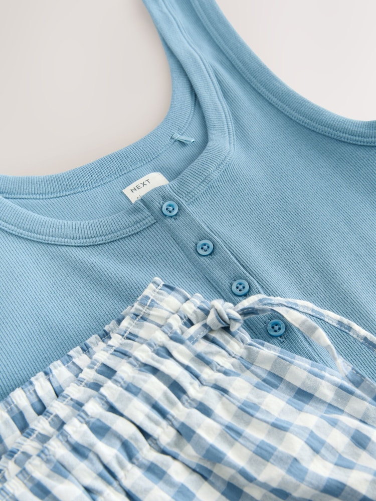 Blue Gingham Rib Vest Woven Short Set Pyjamas - Image 10 of 10