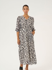 Kaffe KAsepia Leopard Print V-Neck 3/4 Sleeve Maxi Black Dress - Image 1 of 3