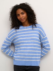 Kaffe Blue KAlida Round Neck Striped Pullover Jumper - Image 1 of 6