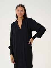 Kaffe Loose Fit KAmathilde V-Notch Neck Black Dress - Image 1 of 5