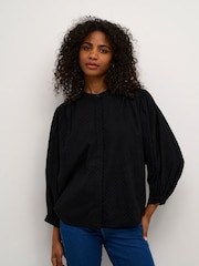 Kaffe KAroca 3/4 Sleeve Round Neck 100% Cotton Black Blouses - Image 1 of 6
