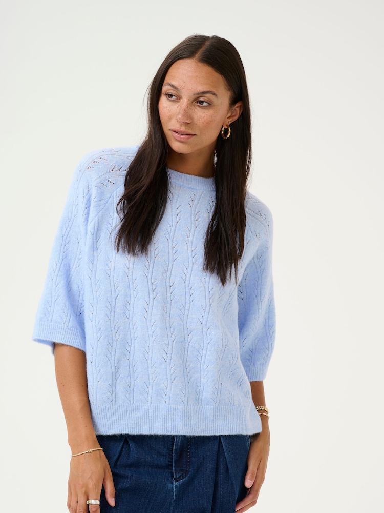 Kaffe Blue KAtella Half Sleeve Hole Knit Jumper - Image 1 of 6