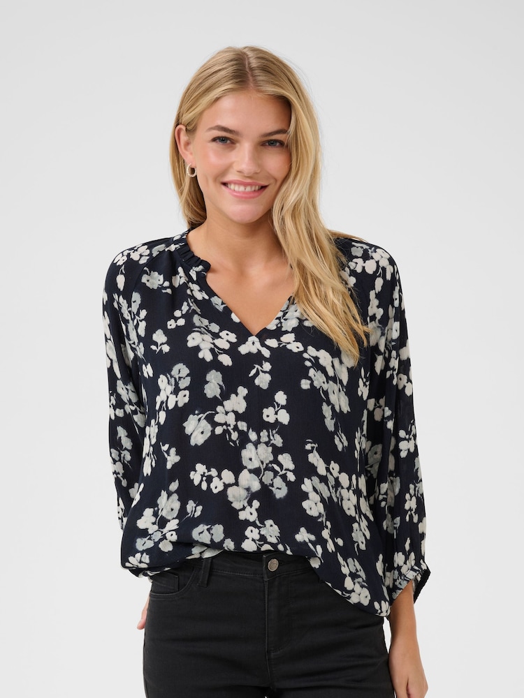 Kaffe KAtine 3/4 Sleeves V-Notch Neck Blouse - Image 1 of 4
