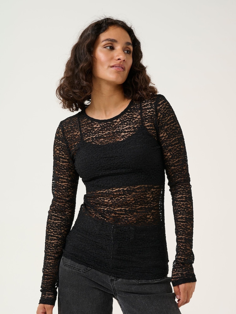 Kaffe KAlinda Lace Long Sleeve Black T-Shirt - Image 1 of 6